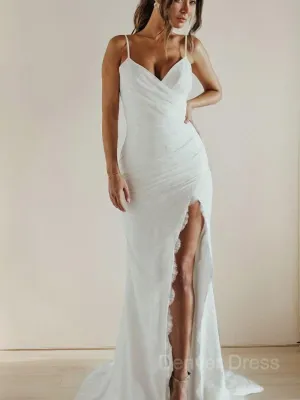 Sheath Spaghetti Straps Sweep Train Jersey Wedding Dresses