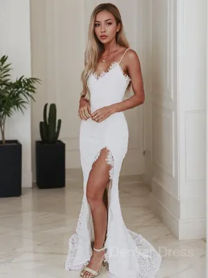 Sheath V-neck Sweep Train Lace Wedding Dresses With Leg Slit