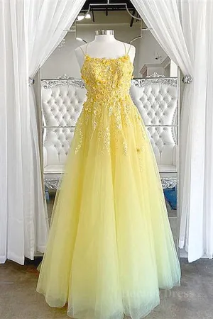 Shiny Yellow Lace Floral Prom Dresses Shiny Yellow Lace Floral Formal Evening Dresses