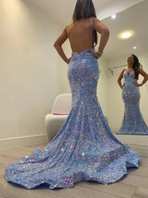 2023 Sheath Sequins Sleeveless Sweep Train Prom Dresses    S2448