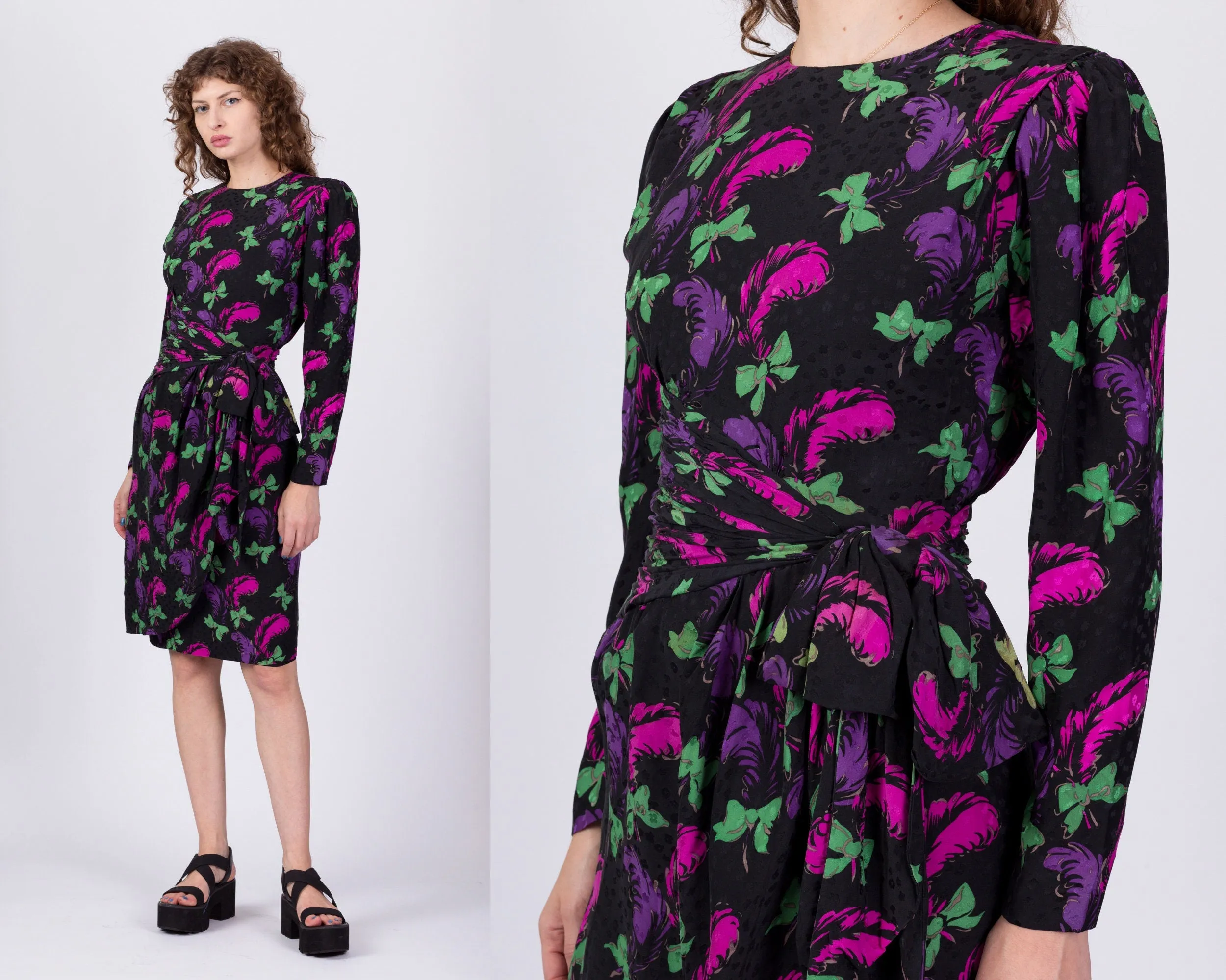 80s Silk Ostrich Feather Print Dress - Extra Small