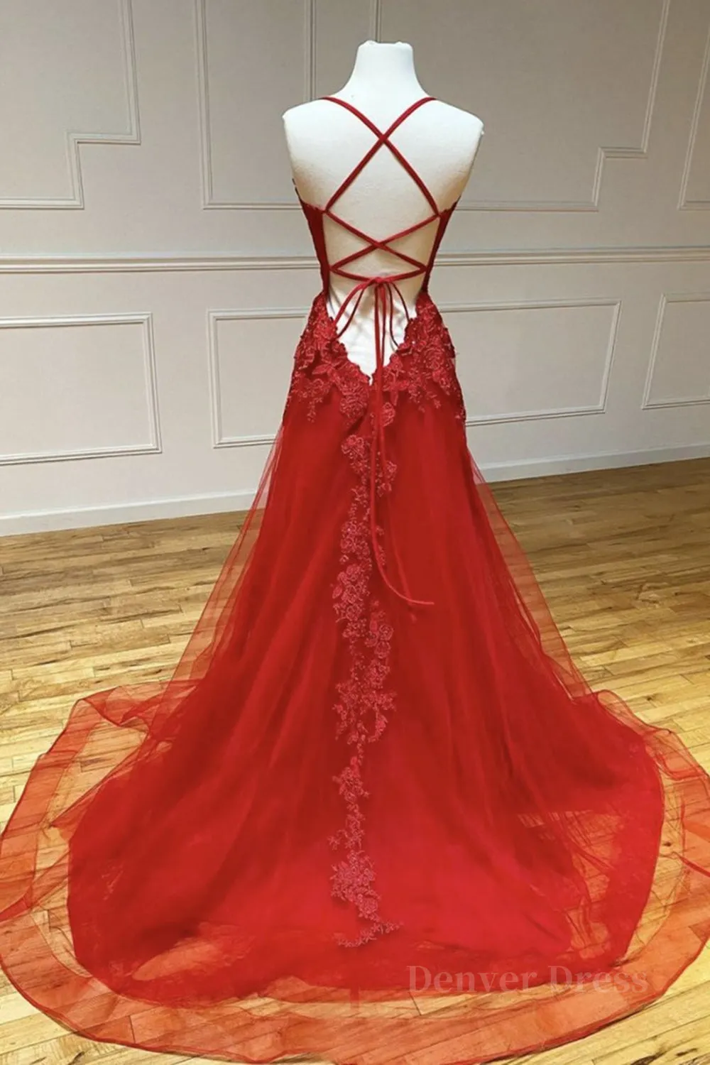 A Line Backless Red Lace Long Prom Dress Long Red Lace Formal Dress Red Evening Dress