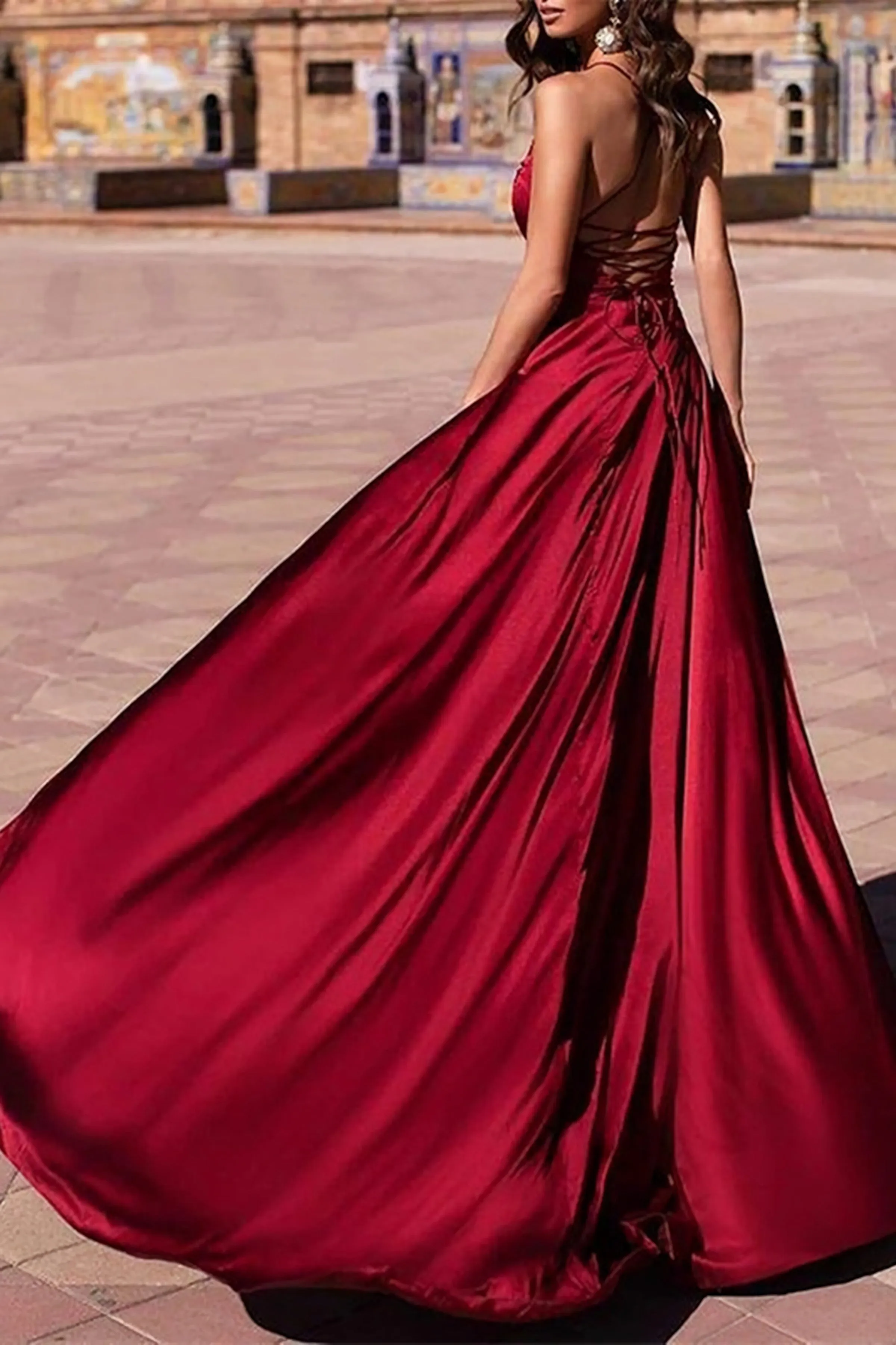 A Line V Neck Backless Burgundy Satin Long Evening Dress With Double Slit Backless Burgundy Formal Prom Dresses