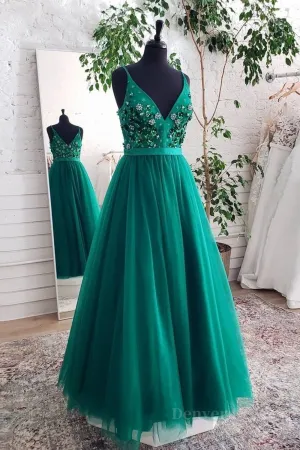 A Line V Neck Open Back Green Floral Long Prom Dresses Open Back Green Formal Evening Dresses