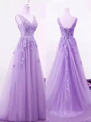 A Line V Neck Purple Lace Prom Dresses Purple Lace Long Formal Bridesmaid Dresses