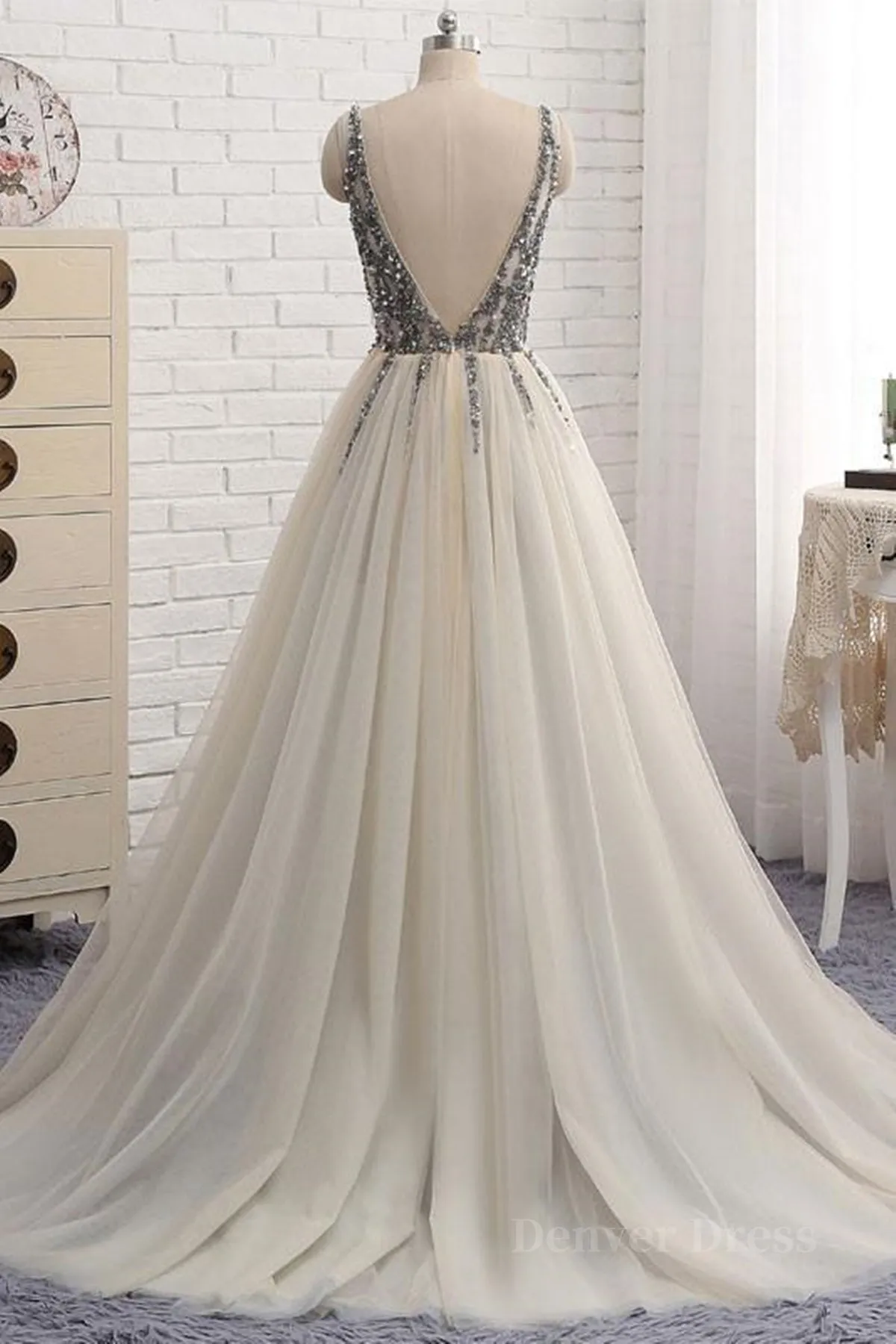 A Line V Neck Silver Gray Long Prom Dresses Silver Grey Beaded Long Formal Evening Dresses