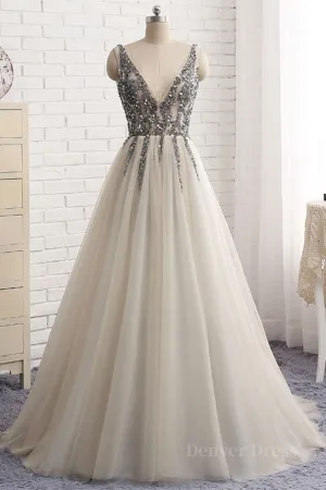 A Line V Neck Silver Gray Long Prom Dresses Silver Grey Beaded Long Formal Evening Dresses