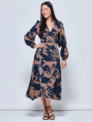 Abstract Print Sleeved Wrap Midi Dress, Abstract Multi