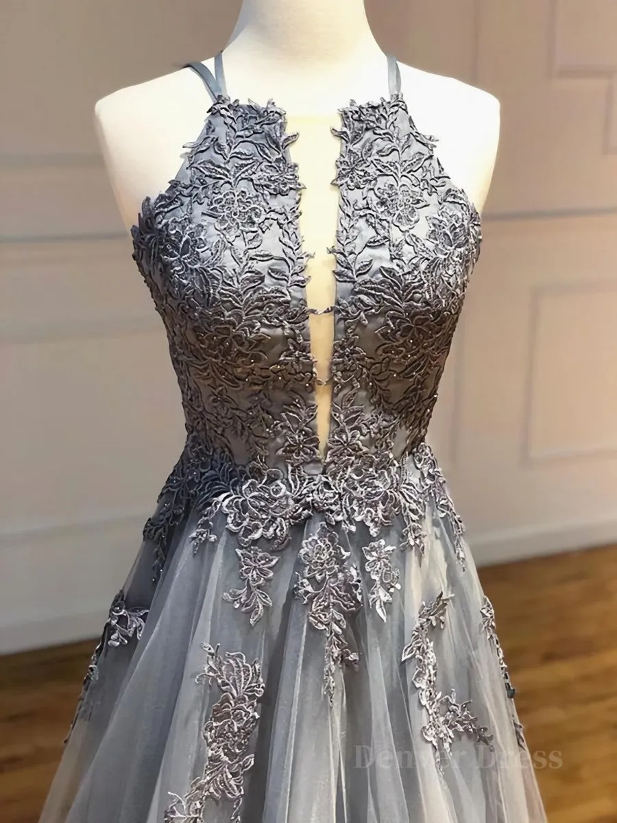 Backless Gray Lace Prom Dresses Backless Gray Lace Formal Evening Graduation Dresses