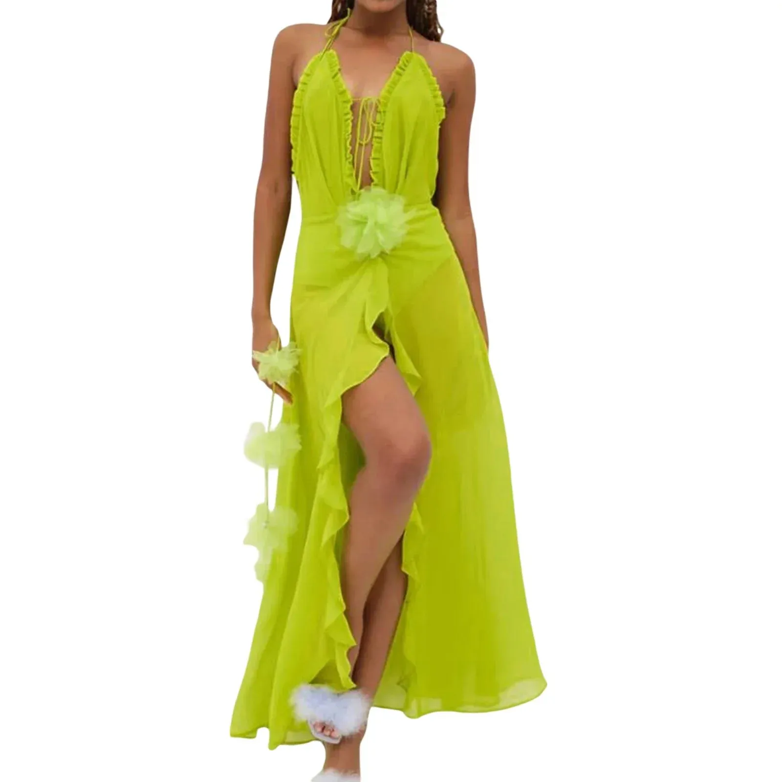 Beach Long Sleeveless Tie-up Halter Maxi Backless See-through Flower Holiday Slit Casual Summer Dress