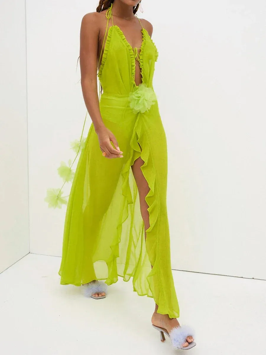 Beach Long Sleeveless Tie-up Halter Maxi Backless See-through Flower Holiday Slit Casual Summer Dress