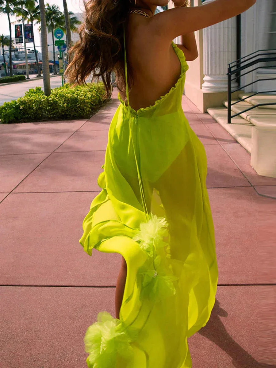 Beach Long Sleeveless Tie-up Halter Maxi Backless See-through Flower Holiday Slit Casual Summer Dress