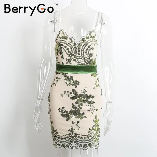 BerryGo Elegant evening party sequin dress Women sexy deep v neck bodycon dress short beach summer casual dress mesh vestidos