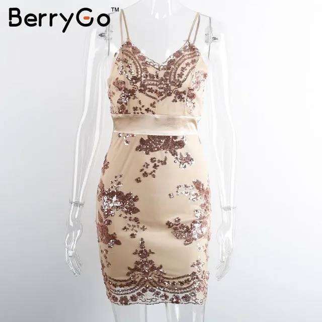 BerryGo Elegant evening party sequin dress Women sexy deep v neck bodycon dress short beach summer casual dress mesh vestidos