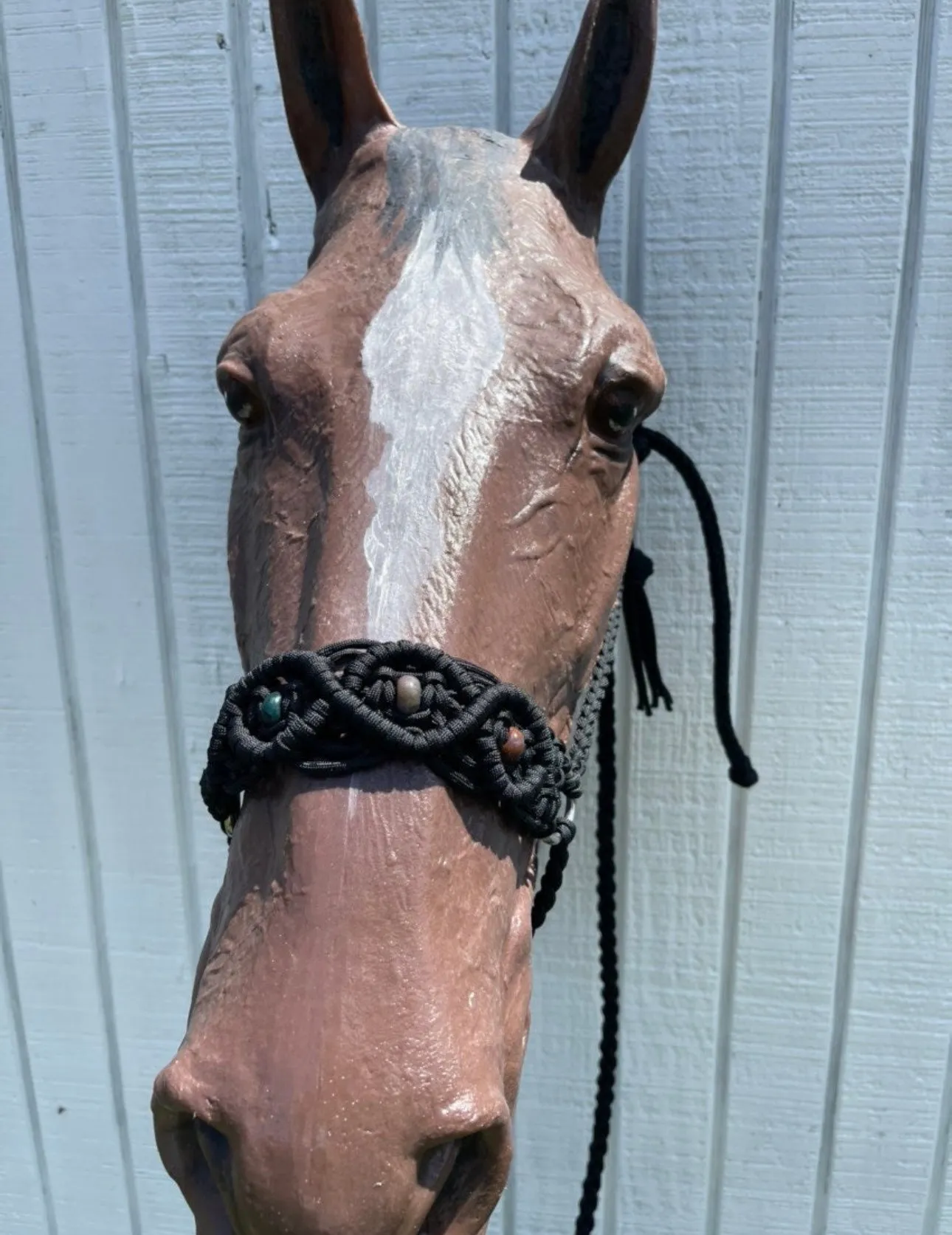 Black Braided horse halter with indian agate  beads and lead