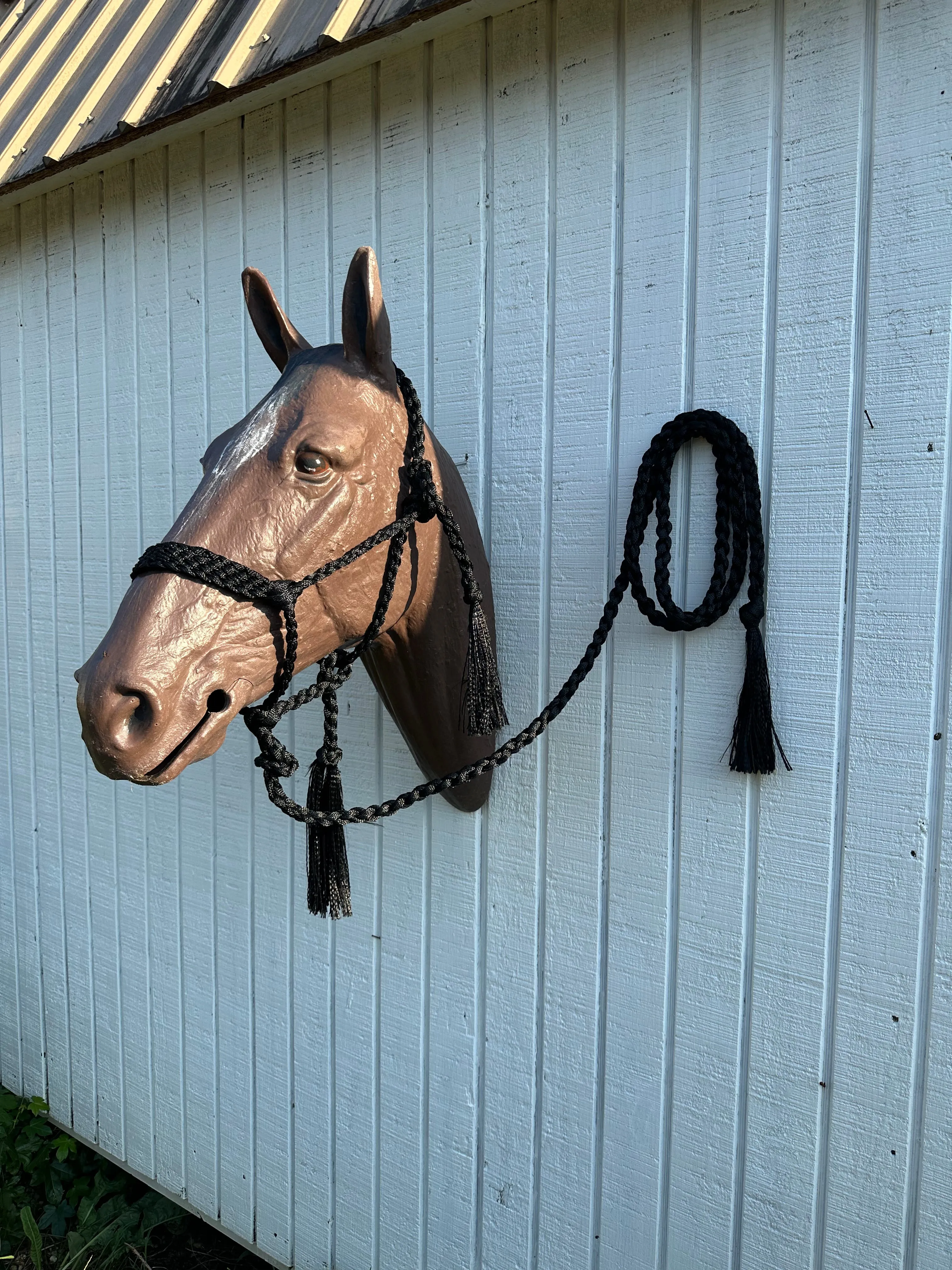 Black Braided mule tape horse halter with flat noseband