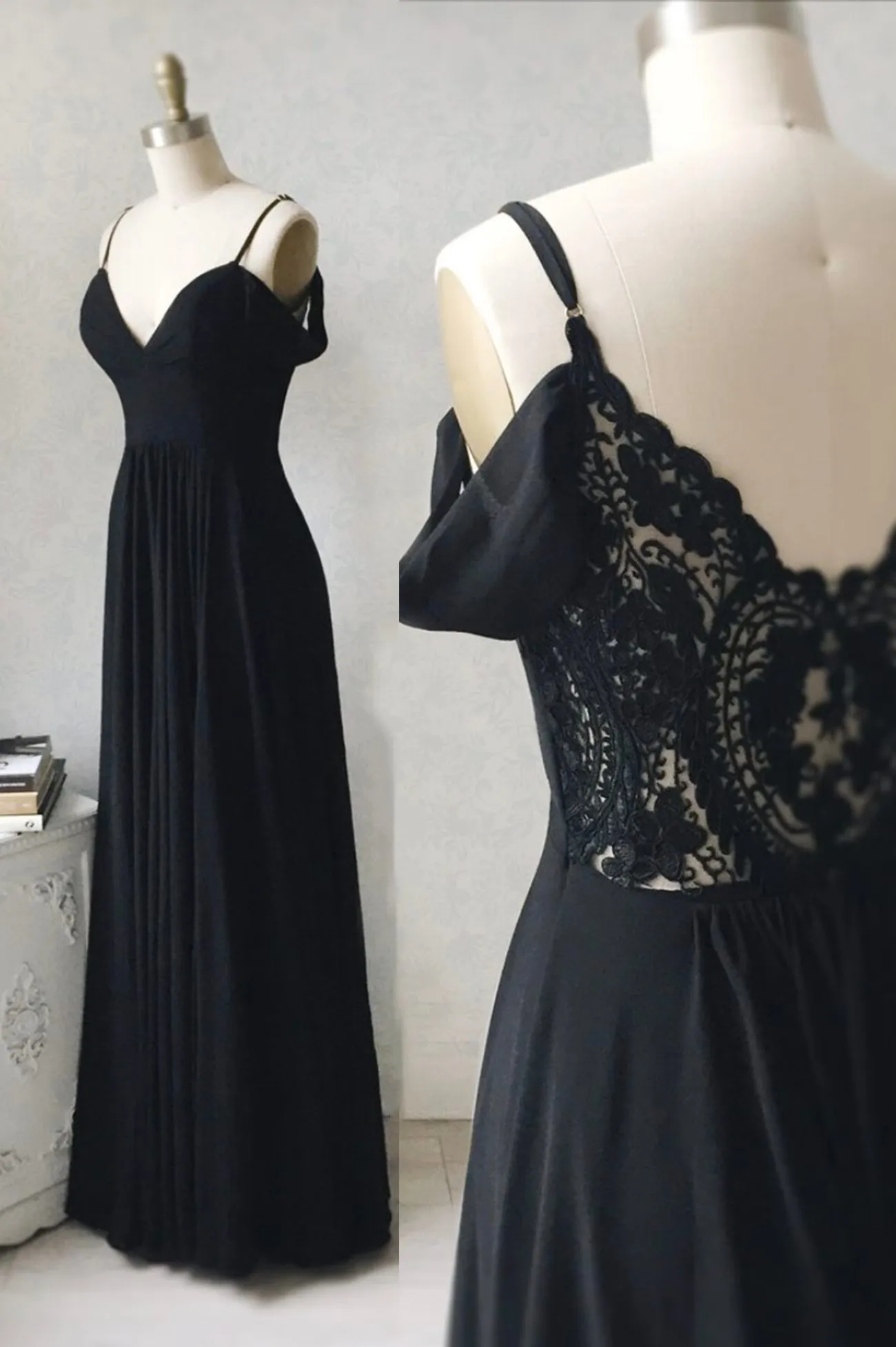 Black Chiffon Lace Long Prom Dresses A-Line Evening Dresses