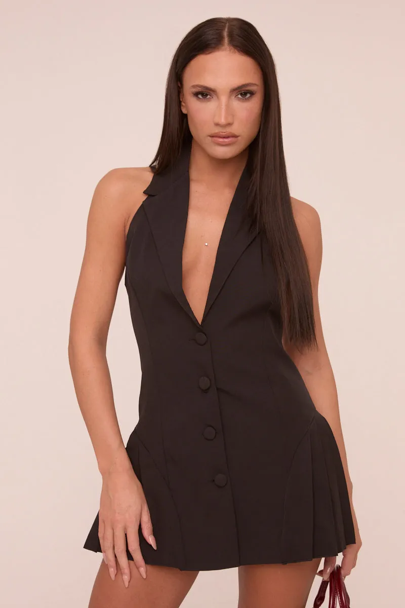 Black Halter Neck Button Up Front Pleated Mini Dress - Bella