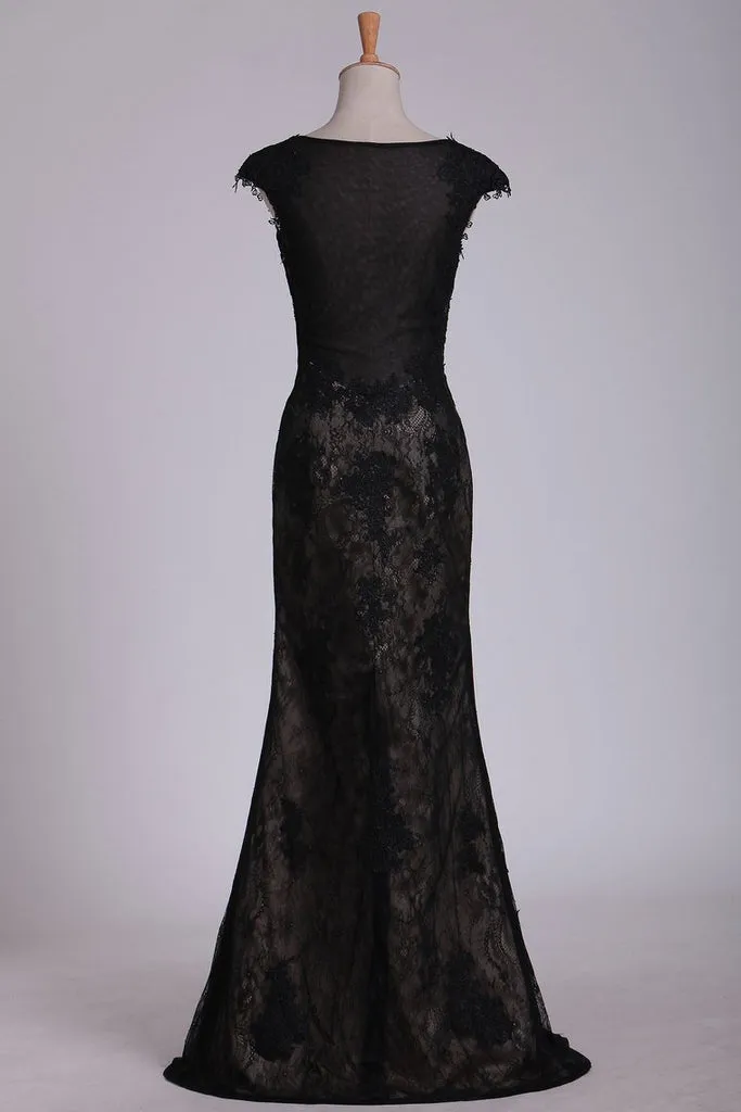 Black Off The Shoulder Sheath Prom Dresses Lace&Tulle Floor Length With Applique & Slit