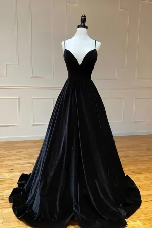 Black Velvet Long A-Line Prom Dress, V-Neck Backless Evening Formal Dress