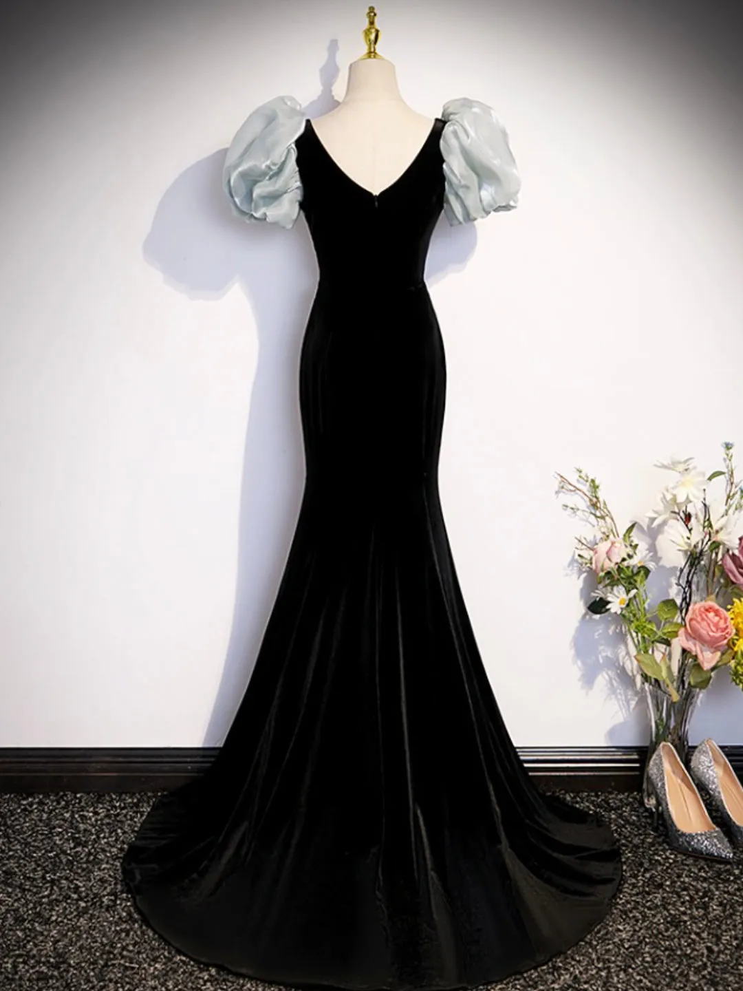 Black Velvet Long Prom Dress Mermaid Evening Party Dress with Bow