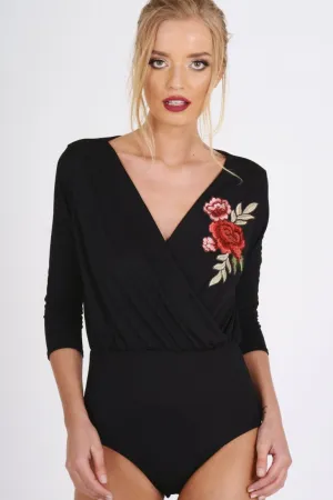 Black Wrap Around Embroidered Bodysuit - Roisin