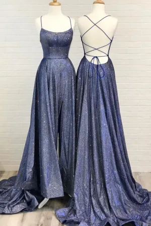 Blue A-Line Backless Long Prom Dresses Blue Evening Dresses