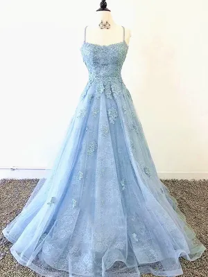 Blue Backless Lace Prom Dresses, Open Back Blue Lace Formal Evening Graduation Dresses