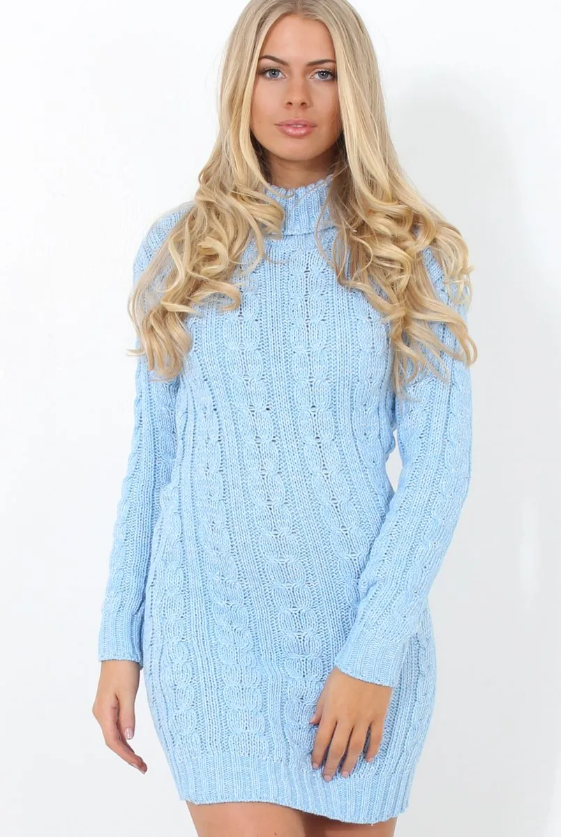 Blue Cowl Neck Knitted Dress-Loria