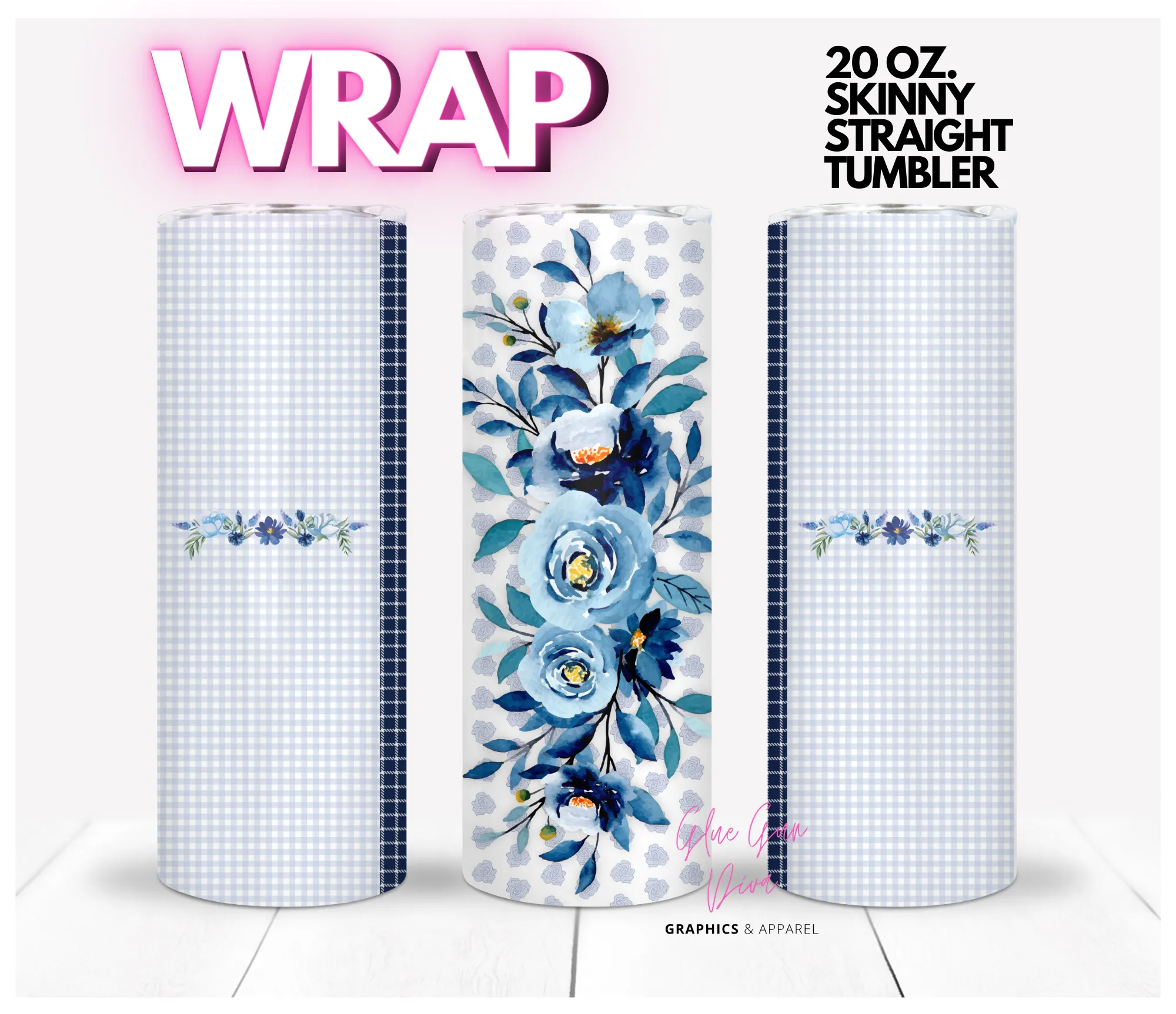 Blue Flowers Plaid- Digital tumbler wrap for 20 oz skinny straight tumbler