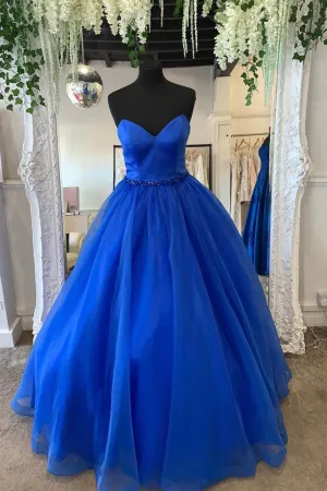 Blue Strapless Tulle Long Prom Dresses A-Line Evening Dresses