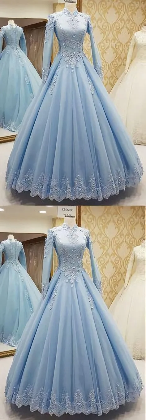 Blue Tulle High Neck Customize Formal Evening Dress With Long Sleeves