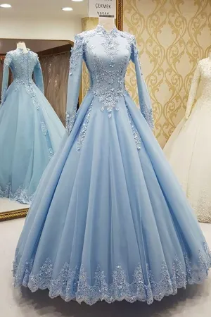 Blue Tulle High Neck Customize Formal Evening Dress With Long Sleeves