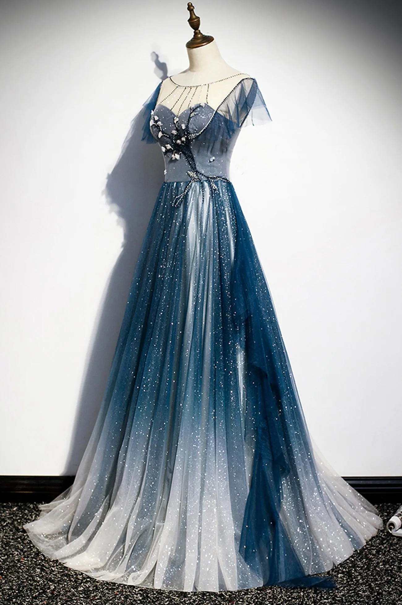 Blue Tulle Long Prom Dresses A-Line Formal Evening Dresses