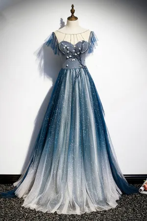 Blue Tulle Long Prom Dresses A-Line Formal Evening Dresses