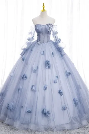 Blue Tulle Long Sleeve Prom Dress A-Line Off the Shoulder Evening Gown