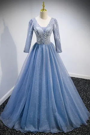 Blue V-Neck Tulle Beading Long Prom Dresses Long Sleeve Evening Dresses