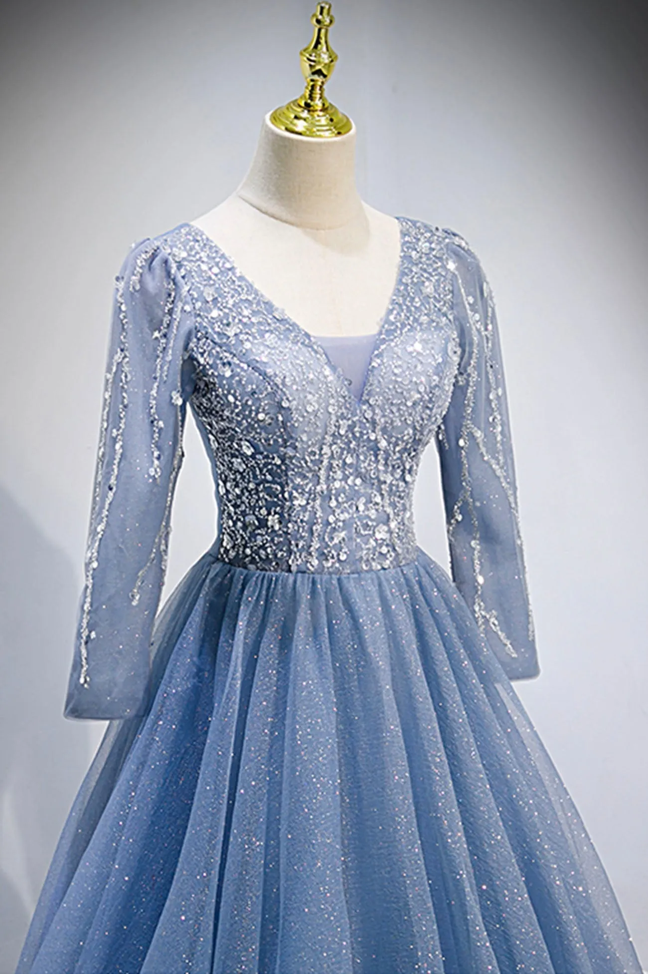 Blue V-Neck Tulle Beading Long Prom Dresses Long Sleeve Evening Dresses