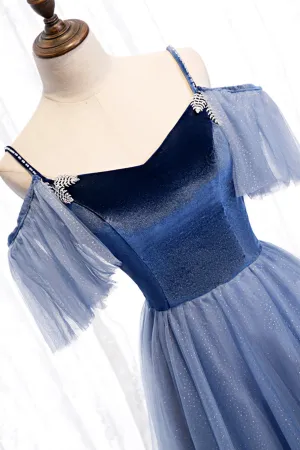 Blue Velvet Tulle Long Prom Dresses Blue A-Line Evening Dresses