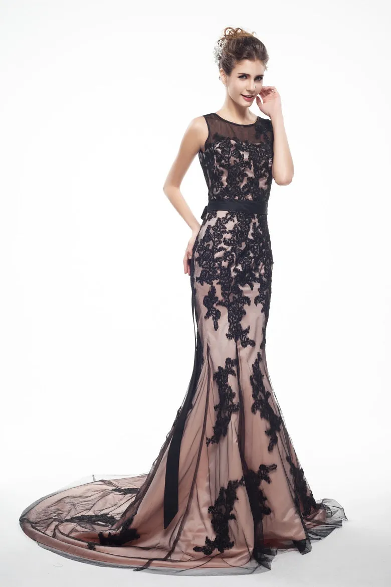 Brown And Black Memraid Appliques Backless Prom Dresses With Sash