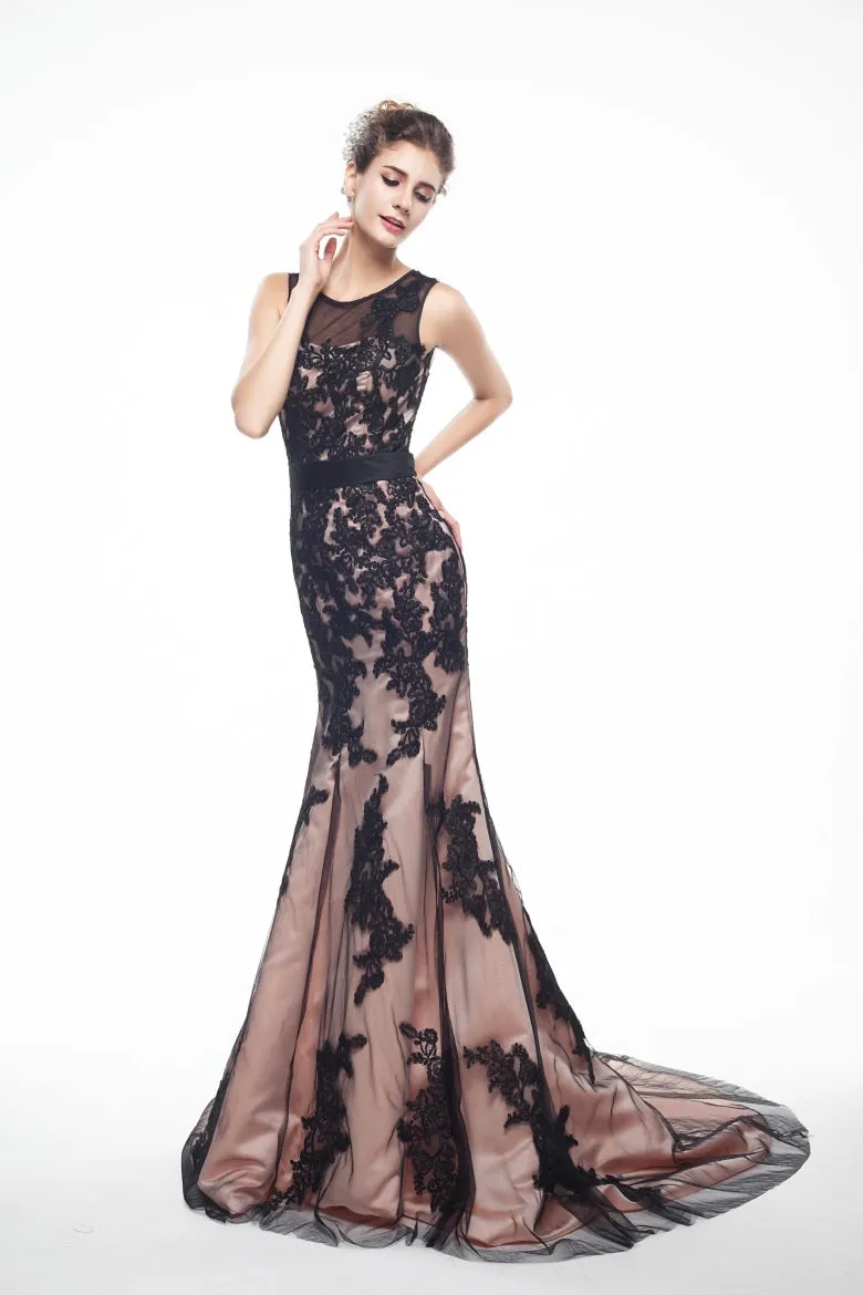 Brown And Black Memraid Appliques Backless Prom Dresses With Sash