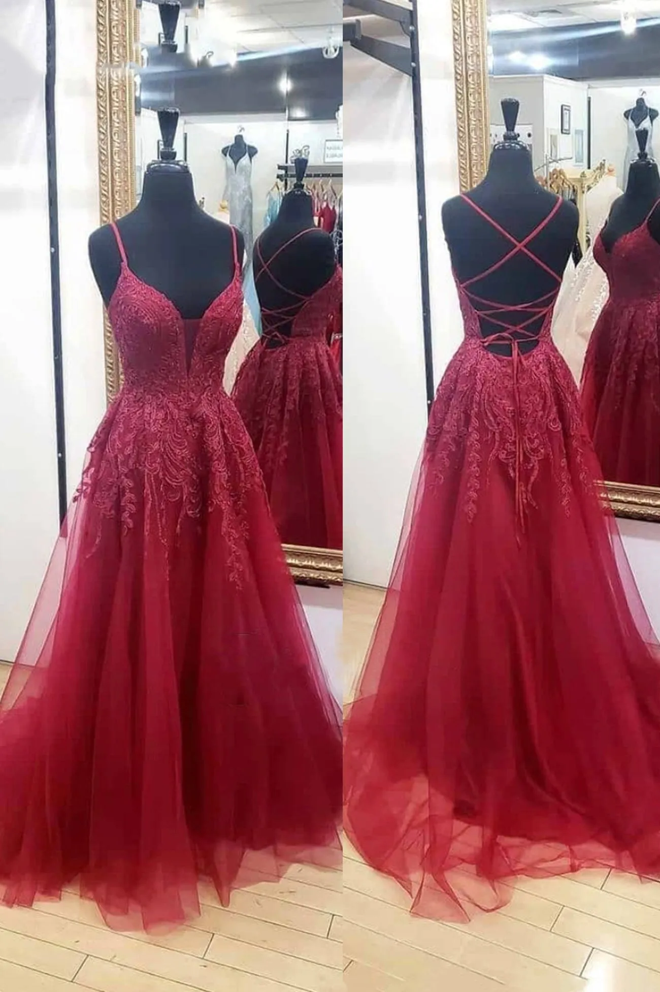 Burgundy Lace Long Prom Dresses A-Line Backless Evening Dresses