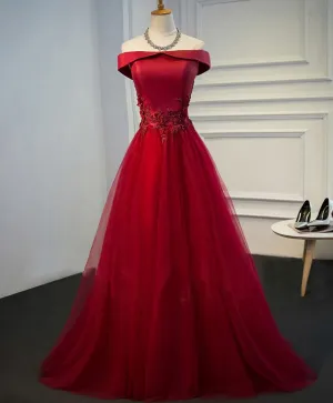 Burgundy Lace Tulle Long Prom Dress, Off Shoulder Evening Dress