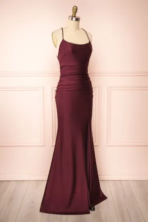 Burgundy Prom Dresses, Sheath/Column Scoop Neck Silk-like Satin Floor-length Ruffles Bridesmaid Dresses