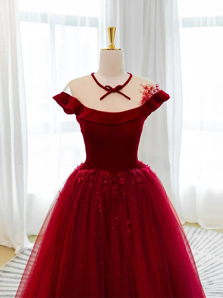 Burgundy tulle lace long prom dress burgundy tulle evening dress