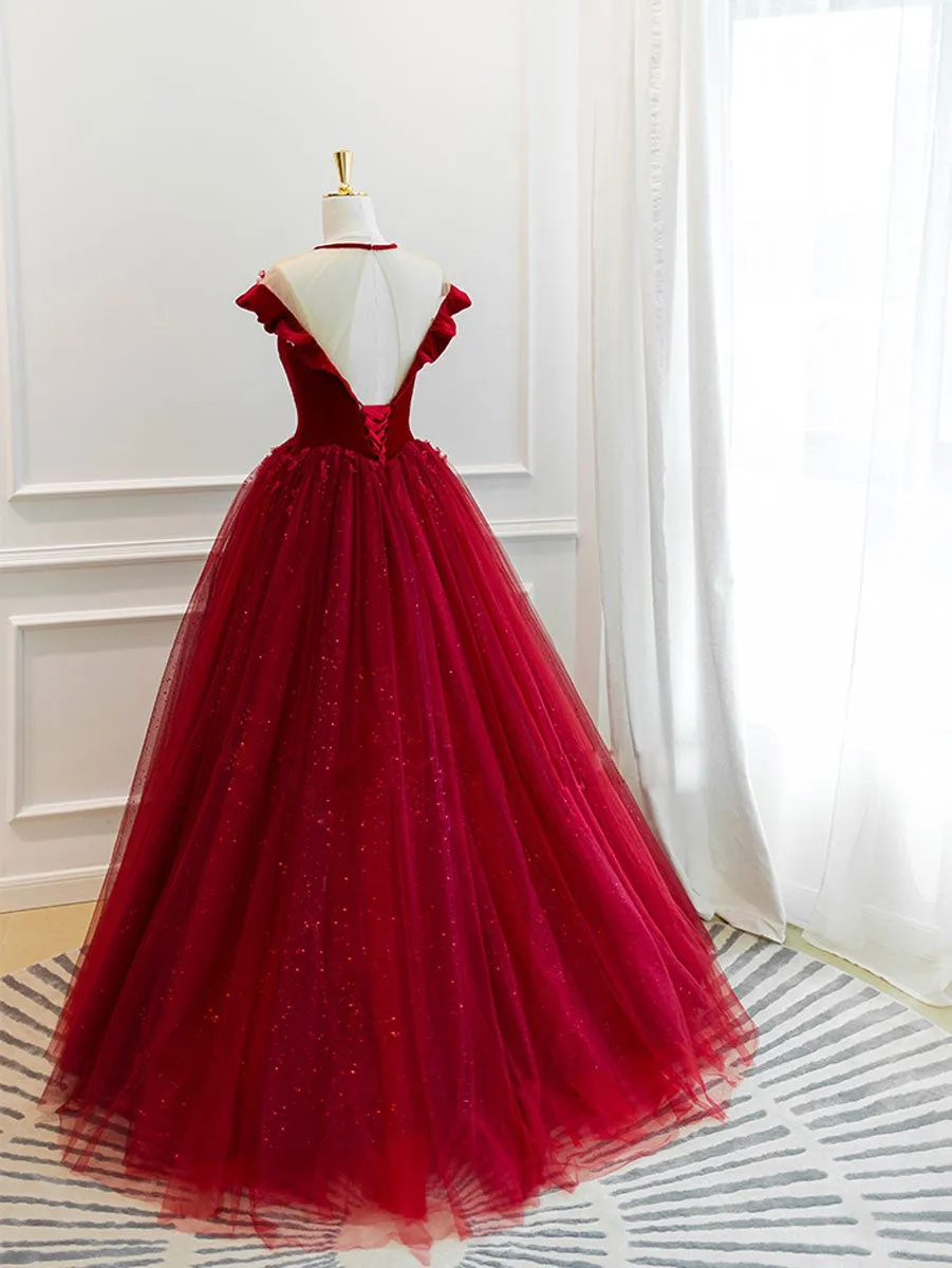 Burgundy tulle lace long prom dress burgundy tulle evening dress