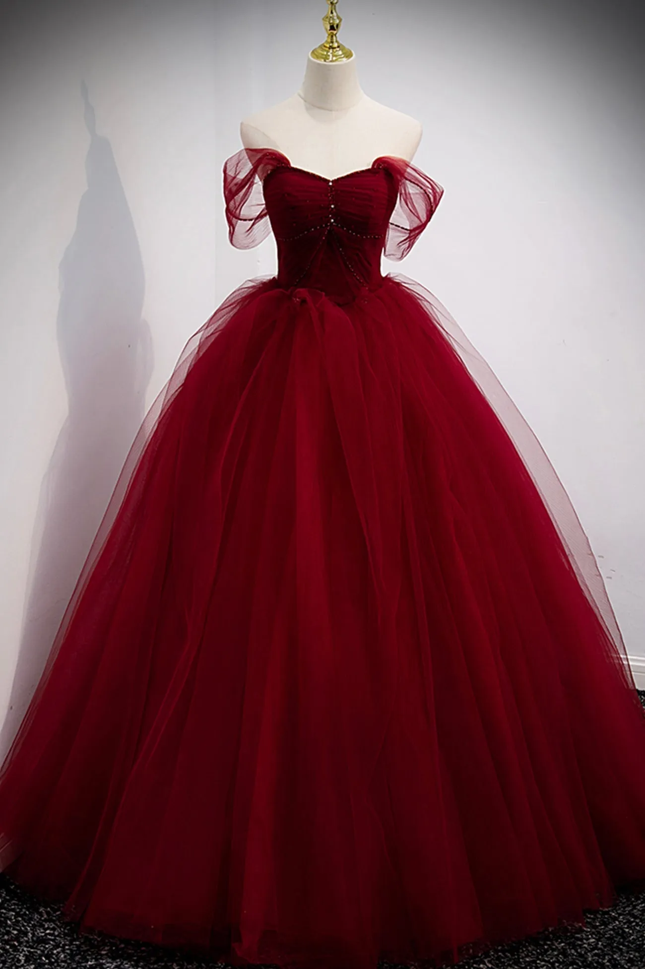 Burgundy Tulle Long A-Line Prom Dress Burgundy Evening Party Dress