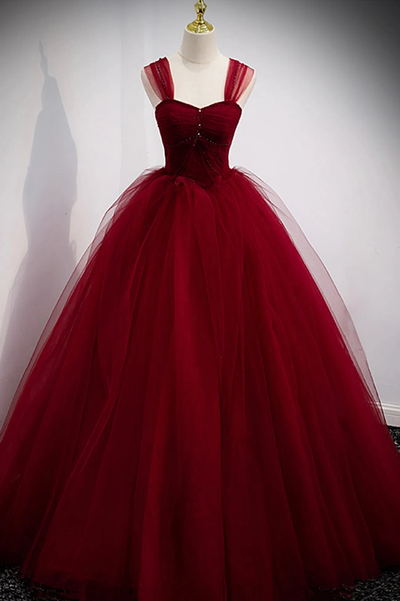 Burgundy Tulle Long A-Line Prom Dress Burgundy Evening Party Dress