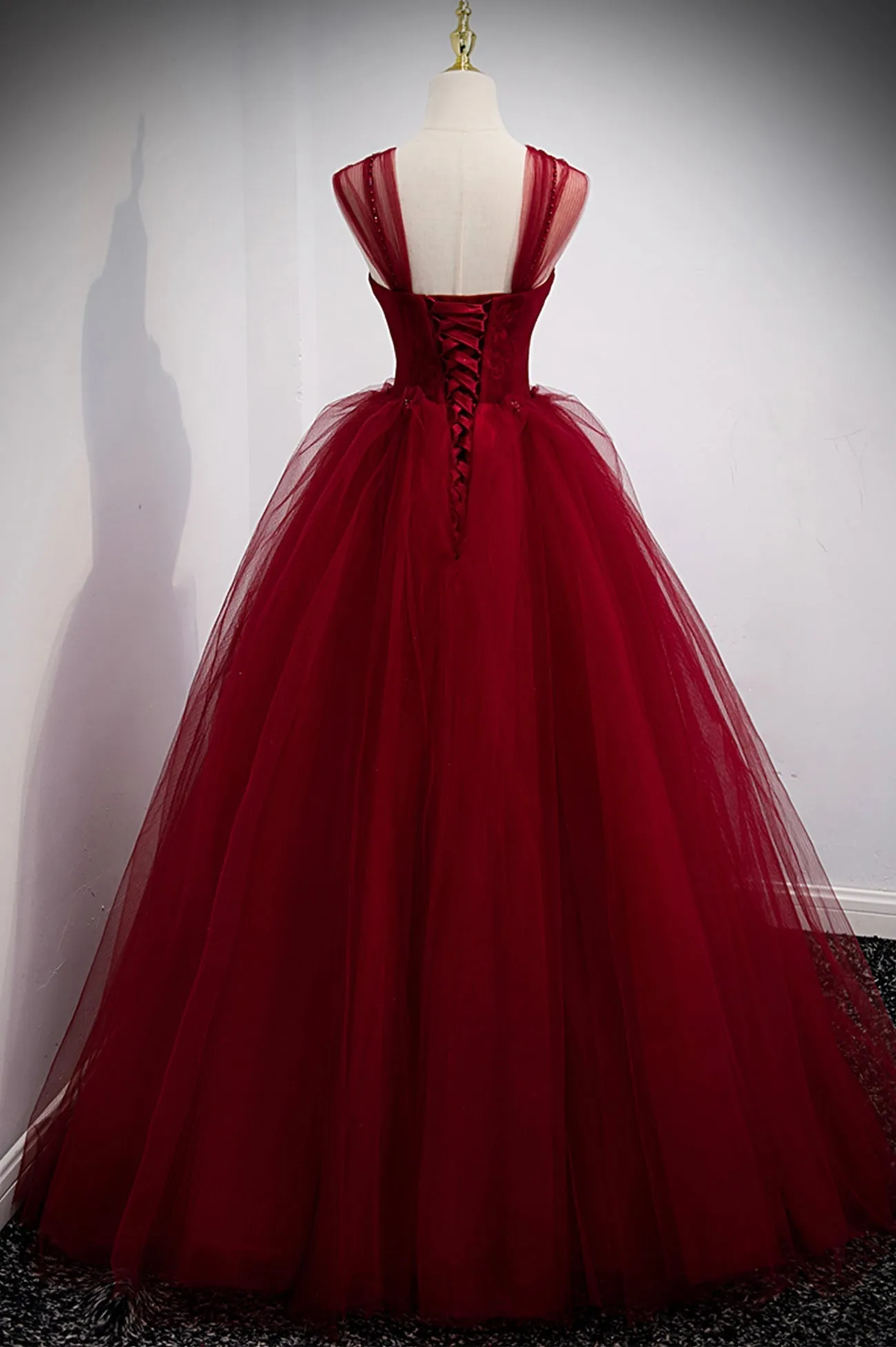 Burgundy Tulle Long A-Line Prom Dress Burgundy Evening Party Dress