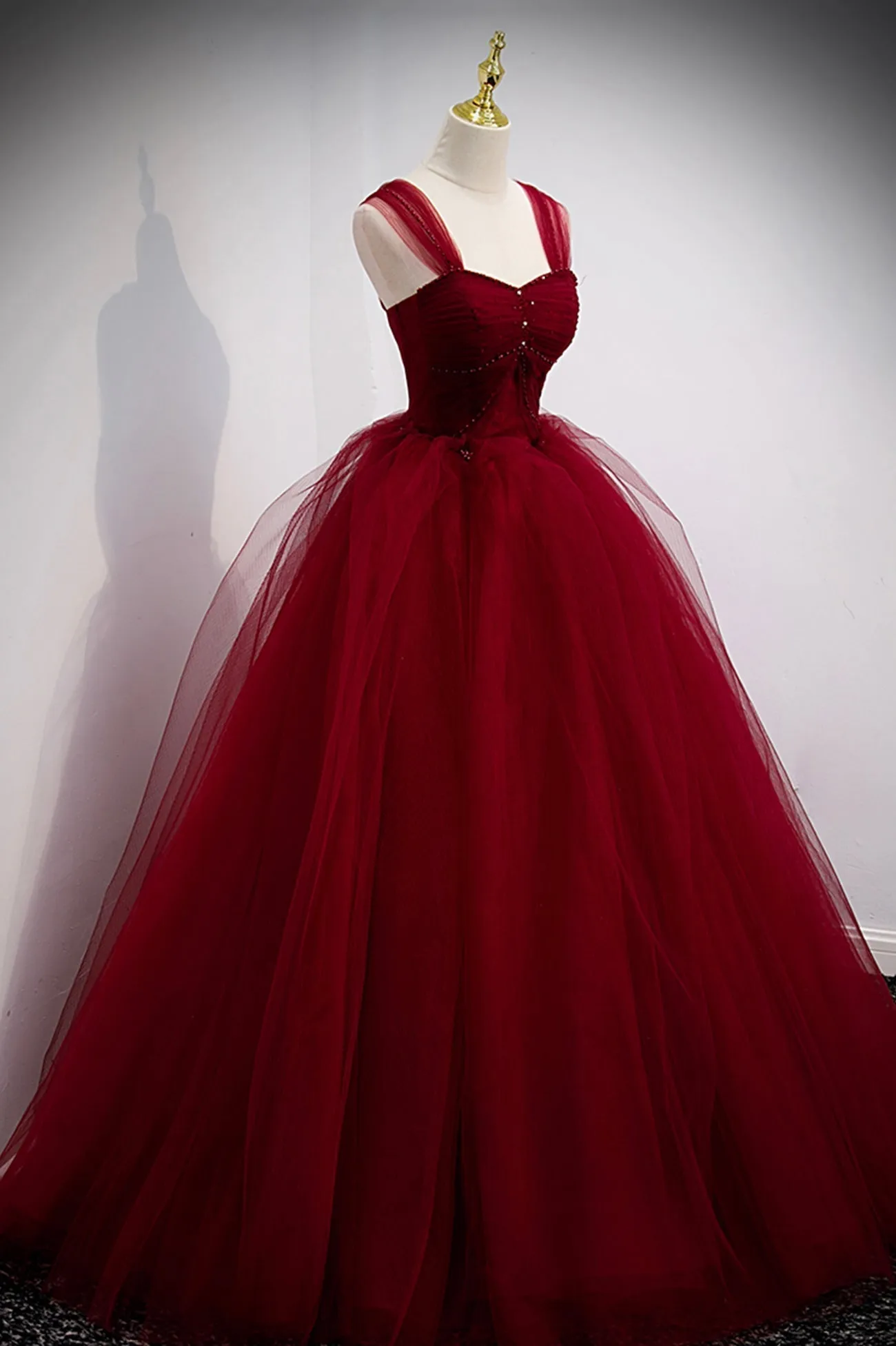 Burgundy Tulle Long A-Line Prom Dress Burgundy Evening Party Dress